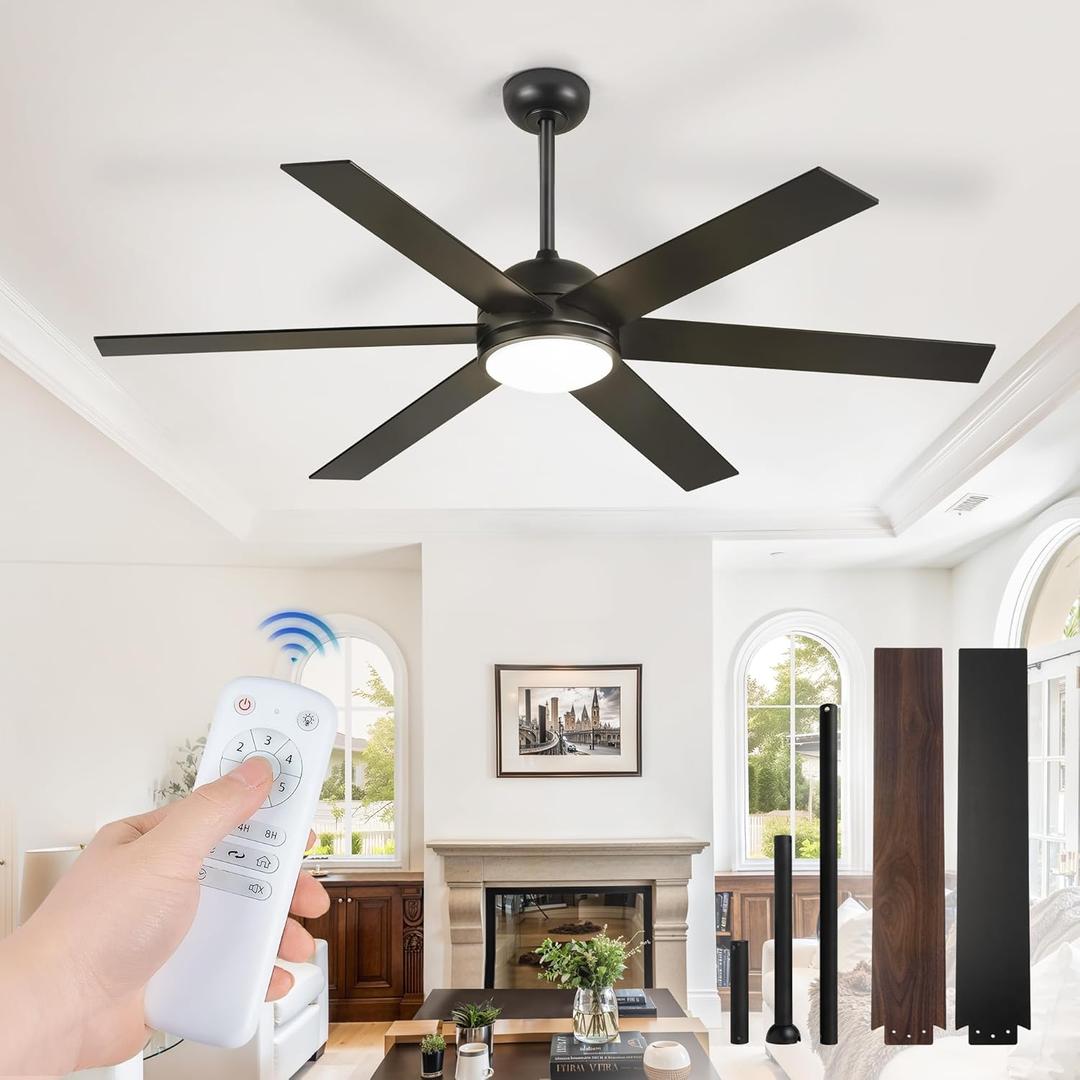 58 Inch Ceiling Fans with Lights and Remote, Black Indoor/Outdoor Ceiling Fan with Quiet Reversible DC Motor, 6 Speeds, 3CCT, 6 Blades Large Ceiling Fan for Living Room Bedroom Patio