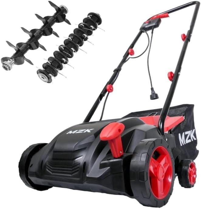MZK 13-inch 2-in-1 Electric Dethatcher and Scarifier w/Removeable 4-Position Height Adjustment,Lawn dethatcher w/8-Gallon Thatch Collection Bag,Keep Lawn Health (Red)