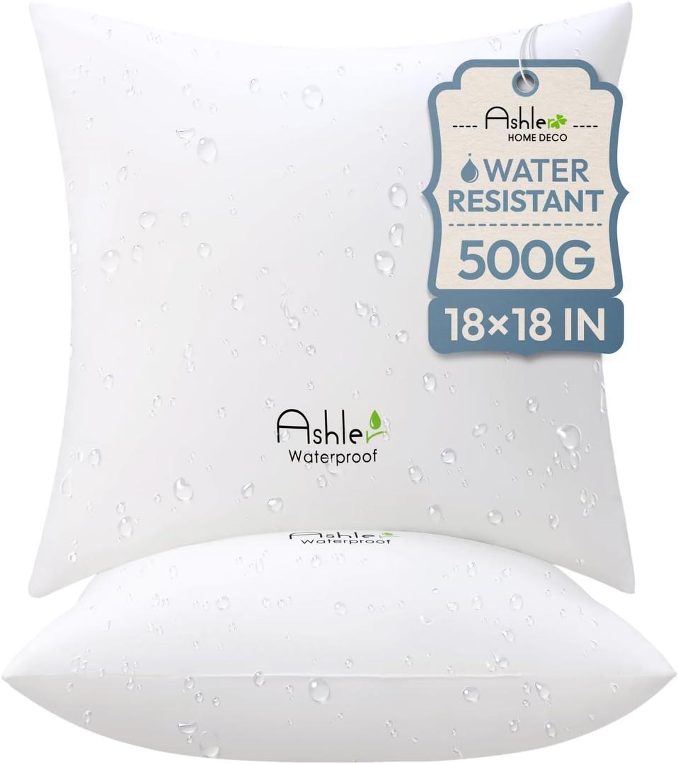 Outdoor Pillows 18 X 18 Pillow Inserts Pack of 2, Water-Resistant Decorative Premium Square Pillow Stuffer Sham Waterproof Pillow for Sofa Couch, Porch Patio Living Room Bedroom Furniture