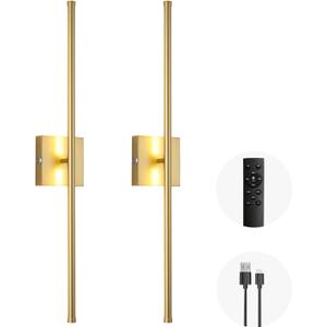 LED Wireless Wall Sconce with Remote Control (Set of Two), USB Rechargeable Battery Powered Indoor Wall Lamps, Dimmable, 360 Rotate,Timing, 28.3 inch Gold Wall Lights for Hallway/Living Room/Bedroom