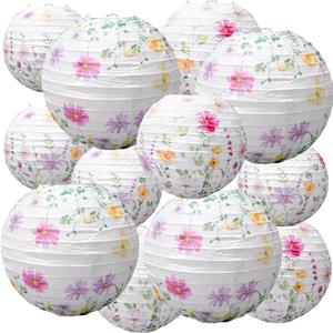 Baquler 12 Pcs Wildflower Paper Lanterns Party Decorations Pink Purple Floral Hanging Lanterns 3 Styles for Baby in Bloom Baby Shower Wedding Garden Tea Summer Home Indoor Outdoor Party Decor