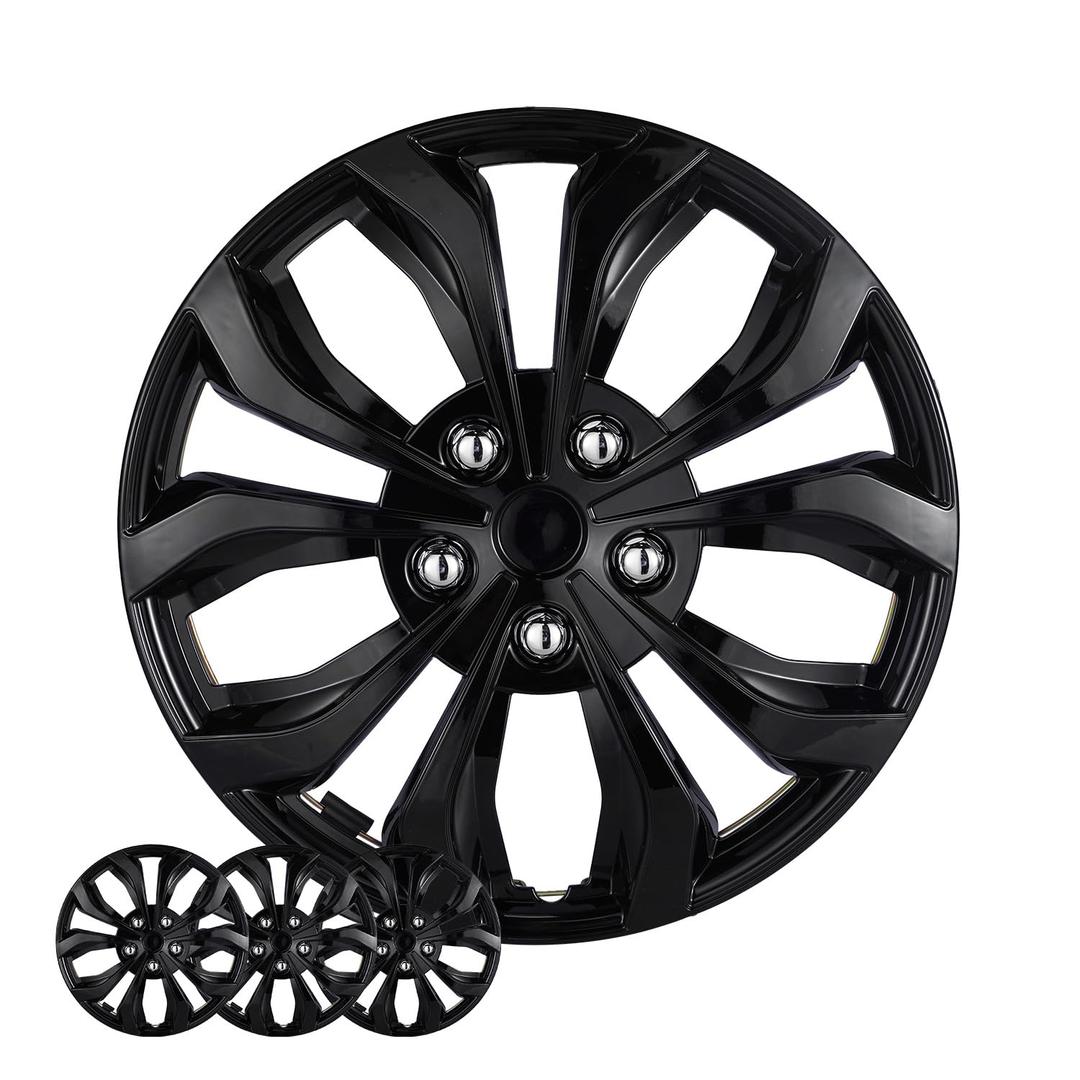 Biourstok 14 Inch Universal Hubcaps, Silver & Black Wheel Covers, Set of 4
