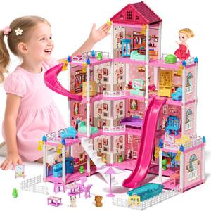 Lehoo Castle Doll House Dreamhome, 4-Story 12 Rooms Dollhouse Playhouse with Doll and Furniture, Pretend Dream Dollhouse Playset Pink Girl Toys, Sturdy Construction, Easy to Move, Ideal Gift Toy