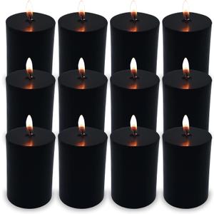 2"x3" Black Pillar Candles, Set of 12 Handmade Pillar Candles Bulk, Large Pillar Candle, Dripless Pillar Candles for Weddings, Parties, Halloween, Church, Home Décor