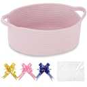 COMSE Small Woven Basket with Gift Bags and Ribbons, Gift Basket Empty, Cotton Rope Storage Organizer, Baby Toy Box with Handles, 12" x 8" x 5", Light pink