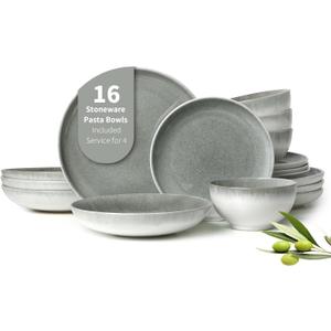 Pokini 16 Piece Double Bowl Dinnerware Sets, Stain Resistant Dish Set with Pasta Bowls, Easy Cleaning Dishes, Multi-Functional Plate and Bowl, Stack Compactly Plate Set, Service for 4