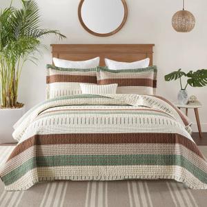 Finlonte Queen Quilt Set - Cotton Bedspread With Brown, Green, Beige Striped Pattern - Reversible Lightweight 3-Piece Bedding Set for All Seasons (Queen (90"x98"))