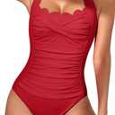Eomenie Women One Piece Tummy Control Swimsuit Halter Scallop Trim Bathing Suits 1 Piece Vintage Ruched Slimming Swimwear (X-Large, Red)