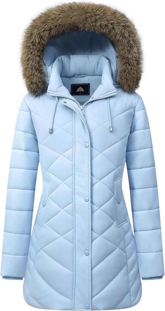 Women's Long Warm Winter Coat Windproof Thickened Fleece Lined Down Jacket Waterproof Puffer Outerwear with Removable Hood, Size S (Light Blue)