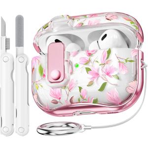 for AirPods Pro 2 Case Cover with Lock, Clear TPU Floral Cute Protective Case for Apple AirPod Pro 2nd/1st Generation Cases Women Girly, with Keychain & Cleaner Kit - Pink Peach Flower