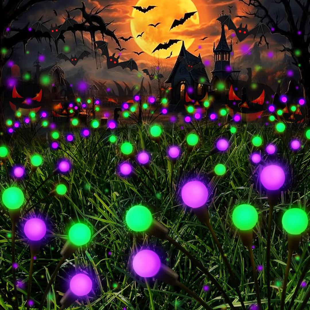 Halloween Decorations Outdoor Solar Pathway Lights, 6 Pack 48LED Solar Firefly Lights Green and Purple, Sway by Wind, Waterproof Solar Halloween Lights for Patio Garden Yard Lawn Horror Party Decor