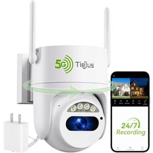 5G/2.4G Security Camera Outdoor, 3MP Wired Cameras 24/7 Recording, Plug-in Power, 360 View, Motion Auto Tracking, Alexa, 2-Way Audio, IP66, Color Night Vision, SD Card/Cloud Storage (White)