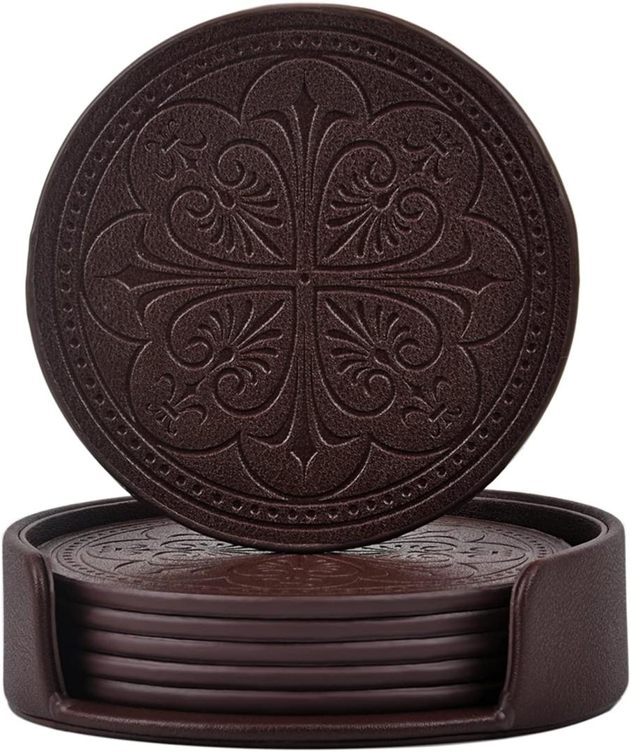 Drink Coasters,PU Leather Bar Beer Beverage Coaster for Drinks Set of 6 with Holder Coasters for Wooden Table Coffee Table Absorbent, Easy Clean Cup Coaster Easter Housewarming Gifts