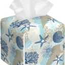 Tissue Box Holder Corals and Seashells Tissue Box Cover Square Leather Tissue Holder Organizer Portable Decorative Facial Paper Case for Home Office Bathroom Vanity Countertop