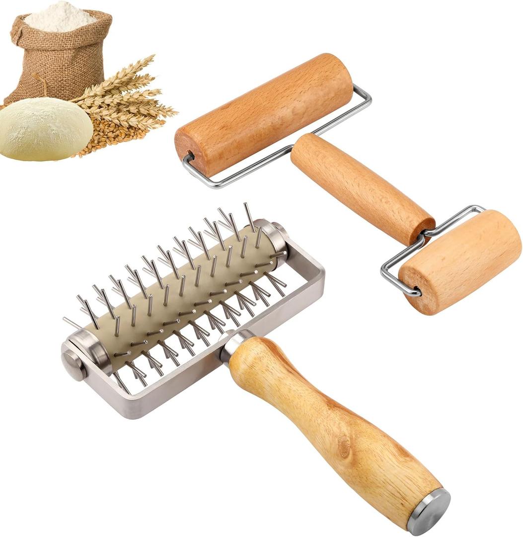 2Pcs Pizza Dough Roller & Dough Docker, Wood Rolling Pin Stainless Steel Dough Hole Puncher for Pizza, Pie, Pastry, Bread, Pasta, Cookie, Crust, burlywood, JKUS20407