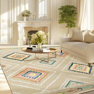 Area Rug 5x7 Rug Machine Washable Non-Slip Low Pile Print Pattern Western Rug for Living Room Bedroom Entryway Tribal Series -Cream/Beige