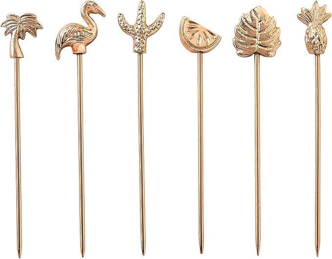 Folkulture Cocktail Picks or Martini Sticks for Christmas Gifts for Men, Reusable Toothpicks for Drinks or Bloody Mary Skewers, Garnish Sticks for Appetizers, Boho Gifts, Set of 6, Rosegold