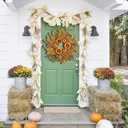Fall Wreaths for Front Door 24 Inch Thanksgiving Autumn Wreath with Artificial Pumpkin Eucalyptus Sunflower Leaves Harvest Halloween Decorations Porch Farmhouse Outdoor Indoor Home Hanging Decor (Orange)