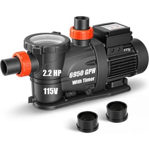 LEO 2HP In/Above Ground Pool Pump with Timer High Flow Powerful Self Priming Pool Pump, Single Speed 115V 6950GPH, Black