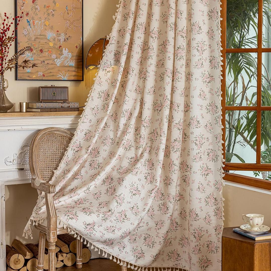 OYX Pink Boho Floral Curtains 63 Inch Long 2panels, French Vintage Farmhouse Patterned Decor Window Drapes with Tassels, Girls Semi-Sheer Light Filtering for Bedroom Living Room (Rod Pocket, 52wx84l)