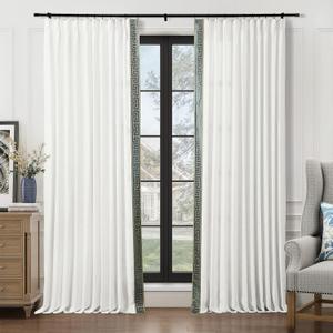 TWOPAGES Customizable Beige White Linen Curtain with Embroidery Trim Tape Decorative Window Curtain for Living Room Bedroom Light Filtering Pinch Pleated Drape, 1 Panel