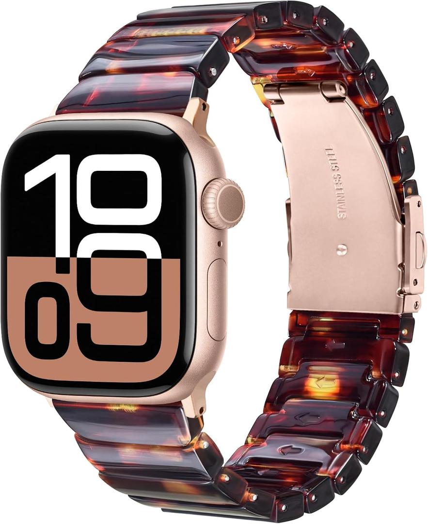 V-MORO Resin Band Compatible with Series 11/10 Apple Watch Bands 41mm/40mm/38mm/42mm Fashion Strap for iWatch Series 9/8/7/6/5/4/3/2/1/SE/SE2 SE3 Lightweight Bracelet Wristband Women Men(Classic Tortoise)