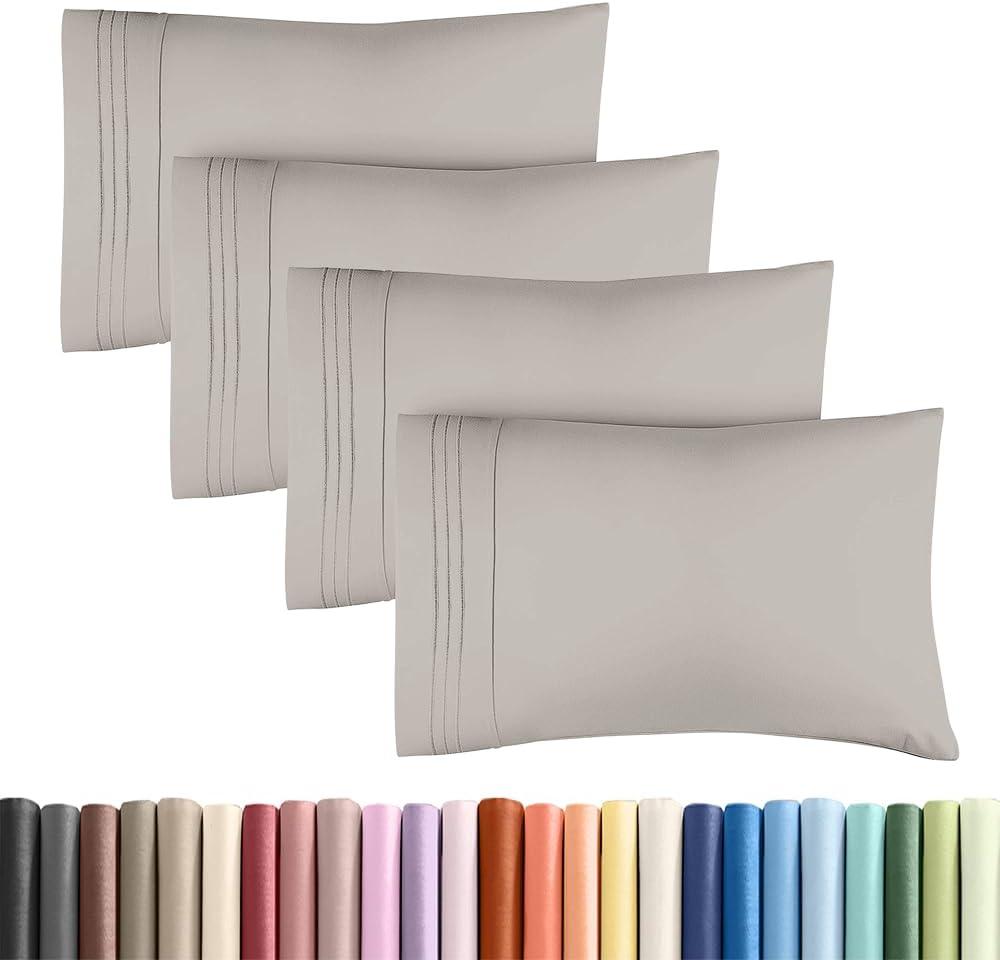Standard Pillow Cases Set of 4 - Ultra Soft Hotel Quality Pillowcase Covers - Comfy Bedding for Women, Men, Kids & Teens - Machine Washable Pillow Protectors - 4 Piece Set - Standard Size Light Grey