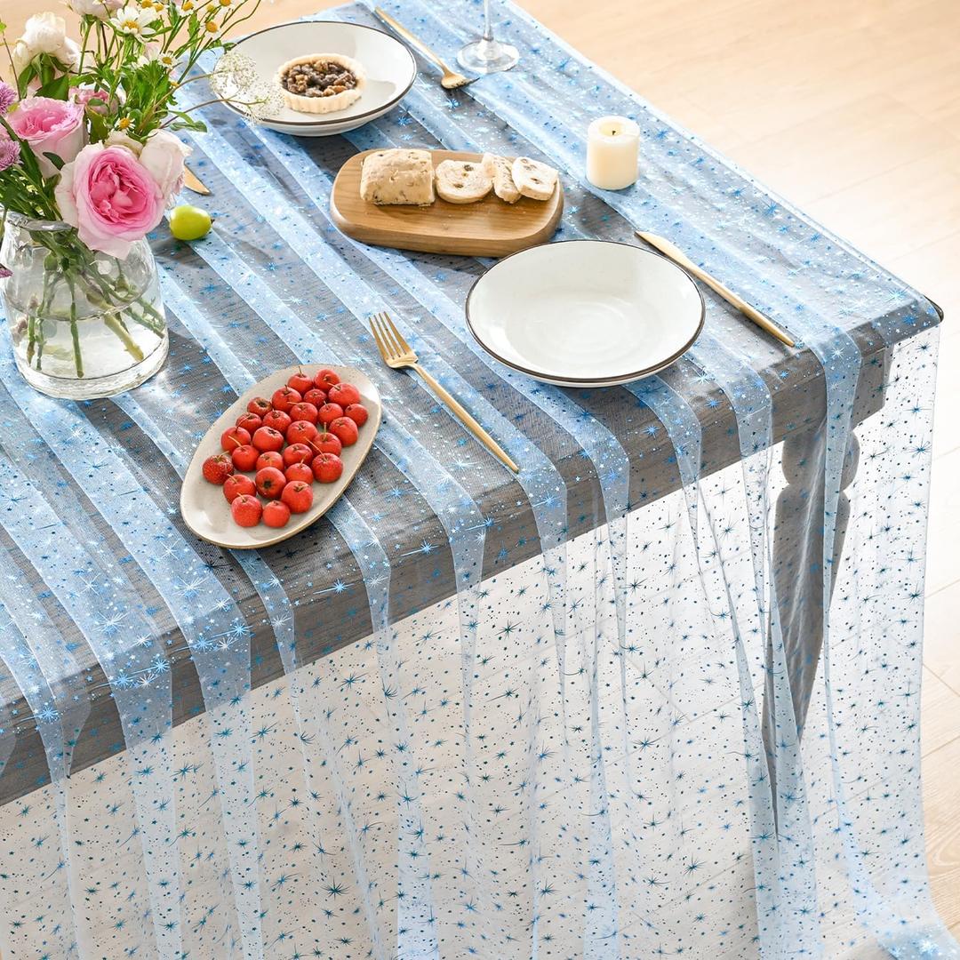Horaldaily Light Blue Gold Sparkling Star Gauze Tablecloth 60x104 Inch Rectangular, Blue Star Sequin Glitter Metallic Foil, Sheer Tulle Cheesecloth for Wedding Baby Shower Party