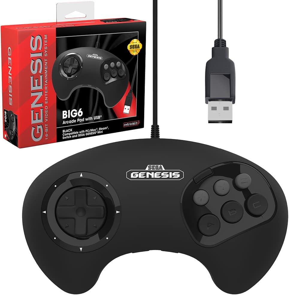 Retro-Bit BIG6 USB Arcade Controller Pad for Sega Genesis Mini, Switch, PC, Mac, Steam, RetroPie, Raspberry Pi - USB Port - Black