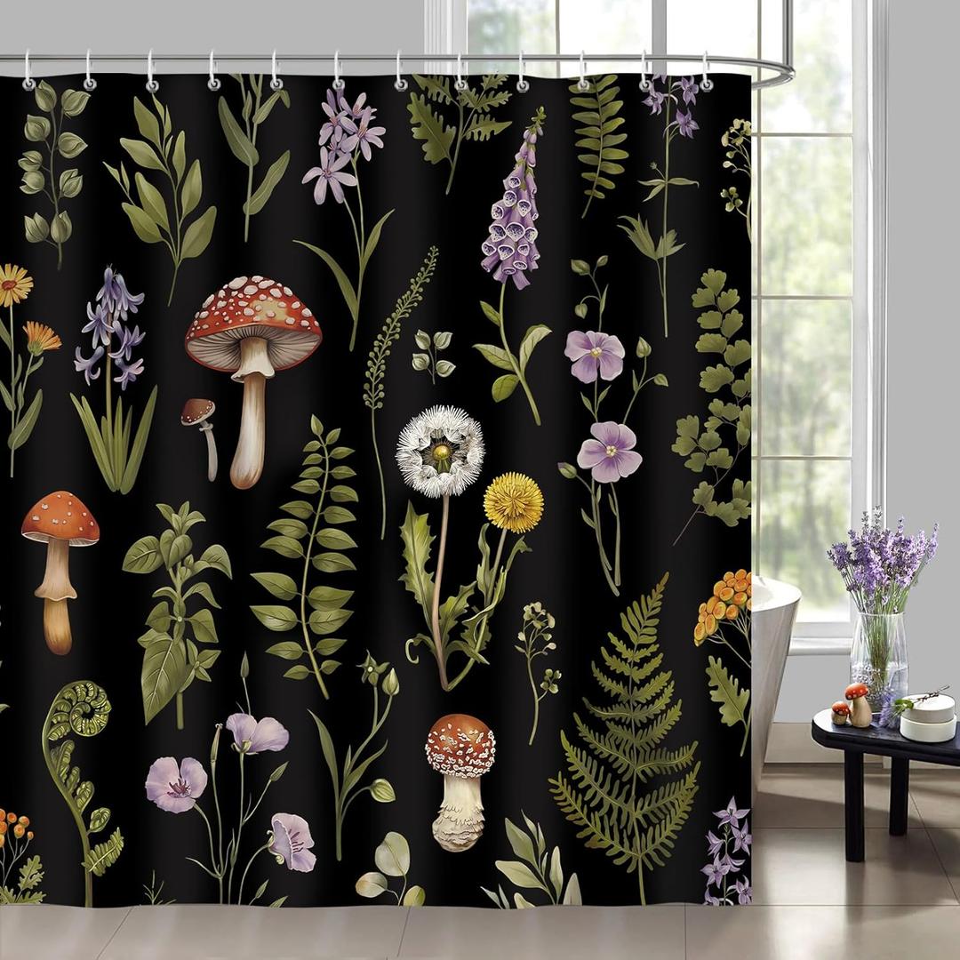 Bonhause Mushroom Floral Shower Curtain, Retro Forest Fern Plant Spring Botanical Bathroom Decor 72 x 72 Inch Polyester Fabric Waterproof Bath Curtain with 12 Hooks