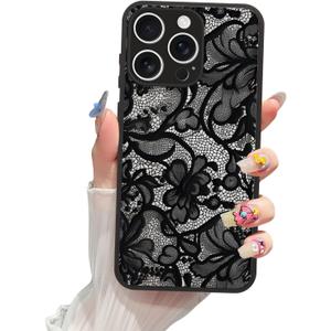 Magnetic Phone case for iPhone 16 Pro 6.3 Inch, Grade Protection & Wireless Charging - Aesthetic Lace Flower Pattern Phone Cover for Girls Women -Black Vintage Lace