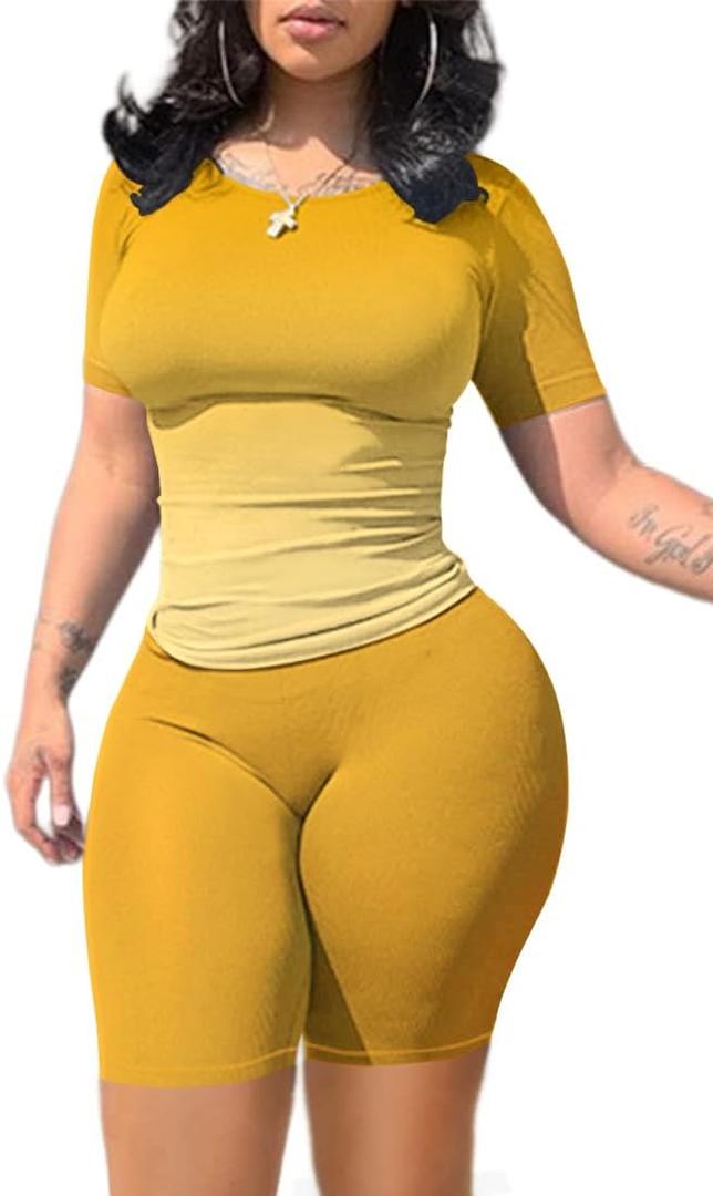 Lounge Wear Casual 2 Piece Outfits Sets for Women Skinny Crew Neck T-shirt High Waist Leggings Shorts Workout Set (Yellow, XL)