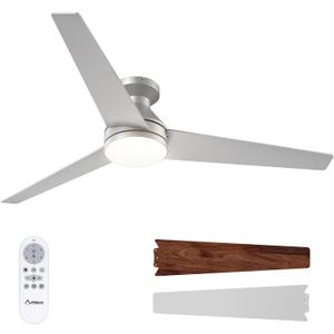 Amico Ceiling Fans with Lights, 52 inch Low Profile Ceiling Fan with Light and Remote Control, Flush Mount, Reversible, 3CCT, Dimmable, Noiseless, Silver Ceiling Fan for Bedroom, Indoor/Outdoor Use