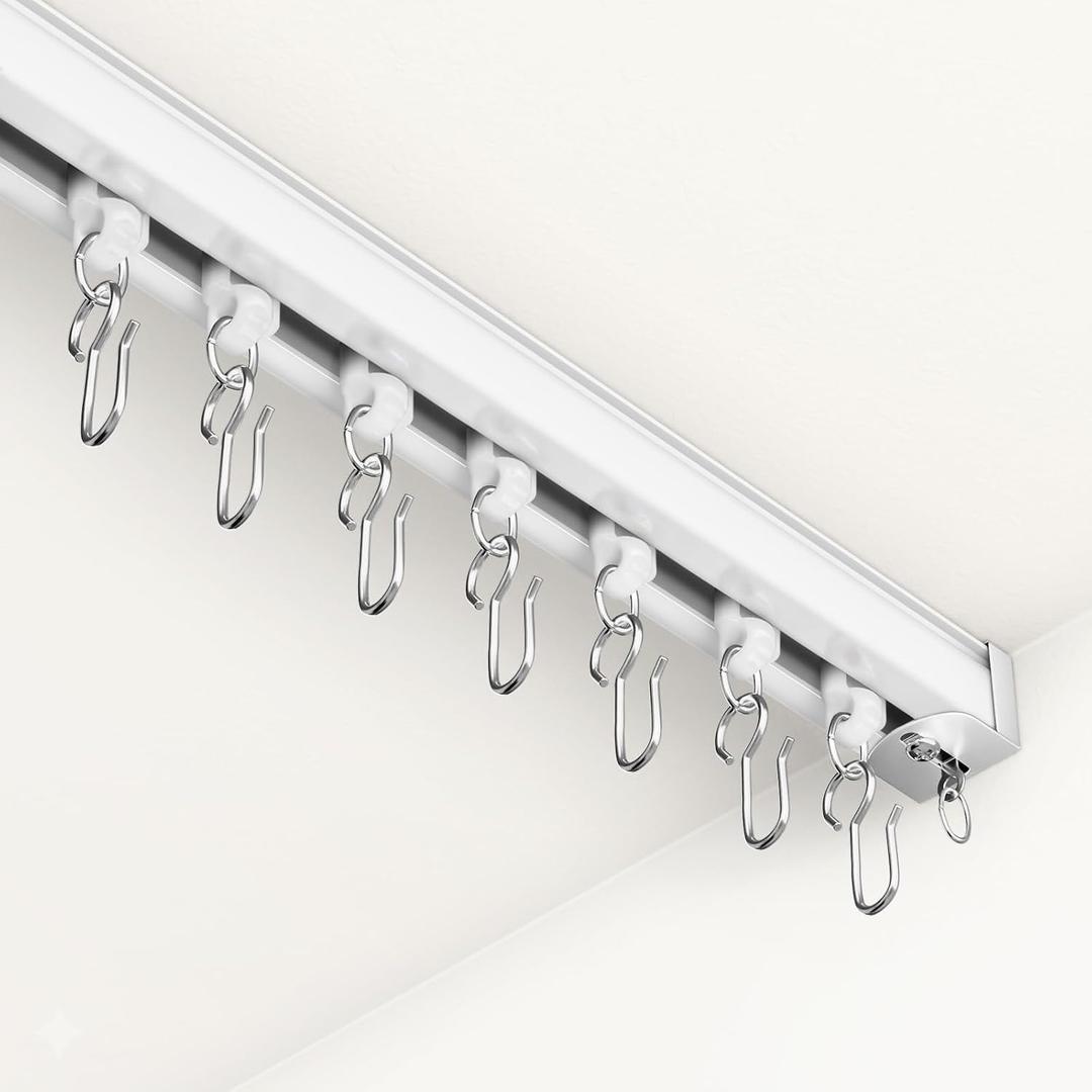 Ceiling Curtain Track System with Wall Mount, Silent Curtain Rail for Room Divider with Three Types of Hooks, 3ft - 6ft, White