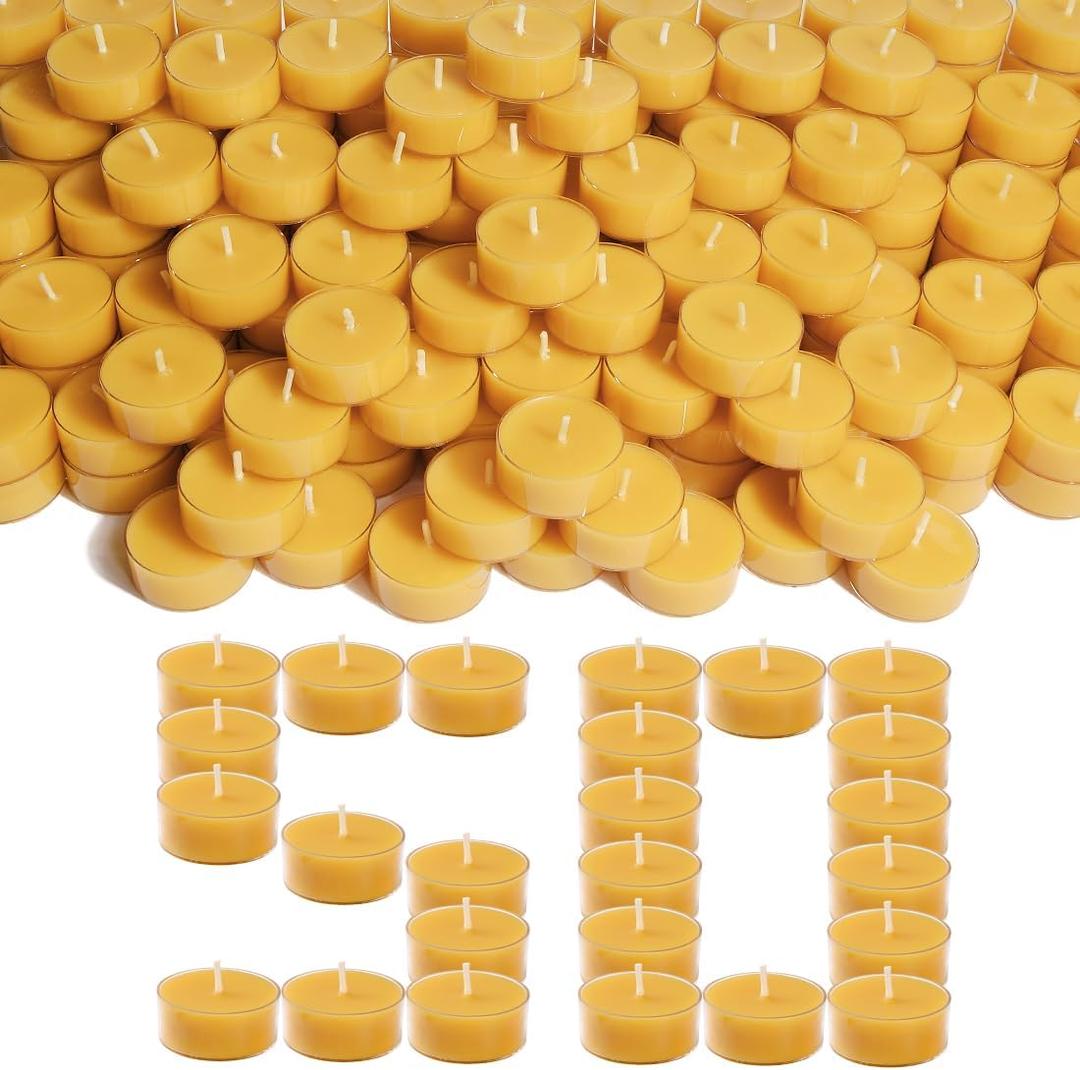 Pure Beeswax Tealight Candles | 50 Pack Natural Unscented Beeswax Candles, Long Burning 4+ Hours Clean Burning, Yellow