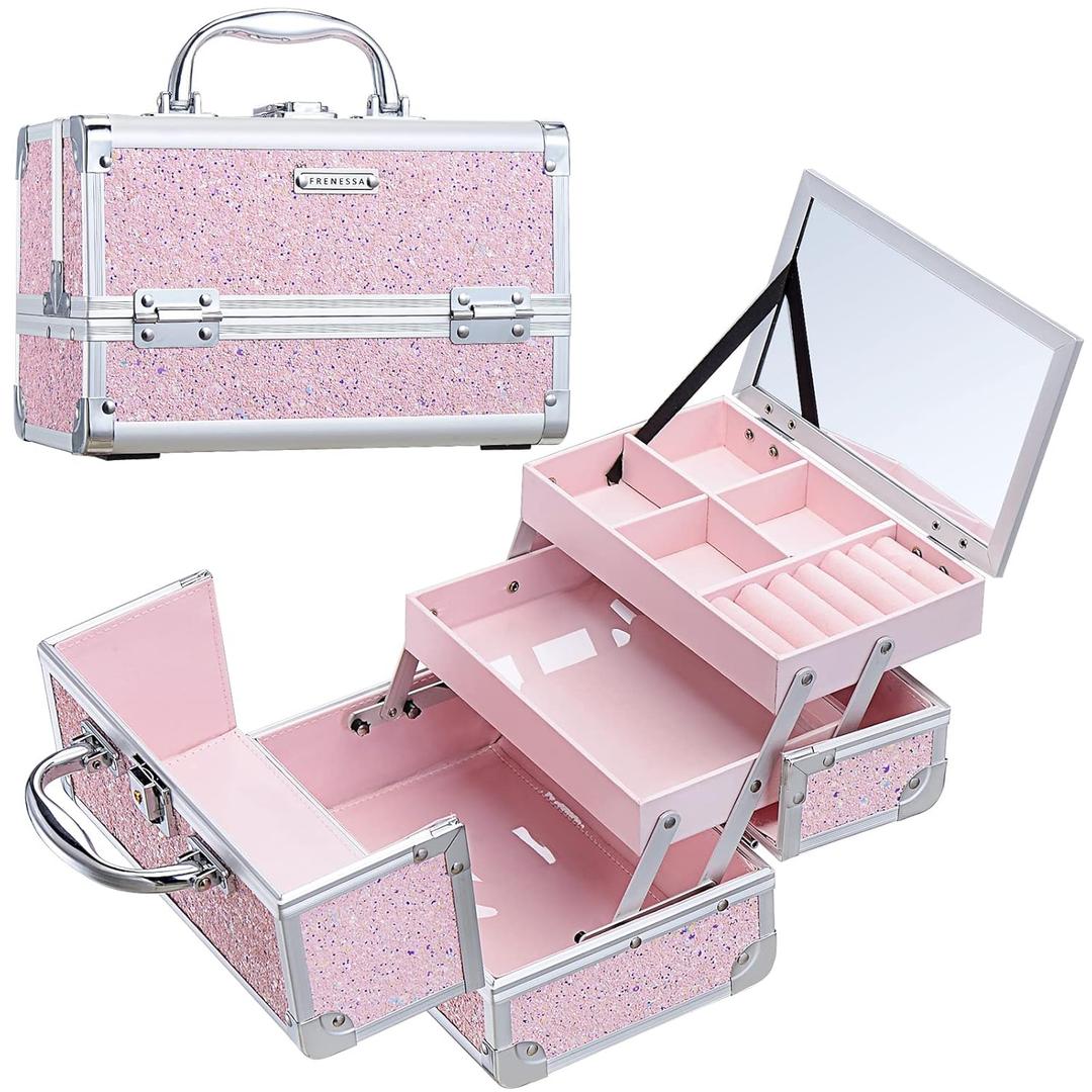 FRENESSA Makeup Case Organizer Portable Makeup Train Case Cosmetic Box with Mirror Jewerly Tray for Girls Nail Supplies Make Up Cases Organizers and Storage Kids Craft Case Pink