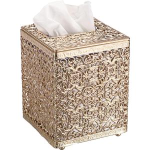 Sumnacon Tissue Box Cover Square Tissue Box with Lid, Metal Tissue Box Holder Stylish Tissue Cover Cube Tissue Box Cover for Bathroom Toilet Kitchen Table Desk Home Office, Gold