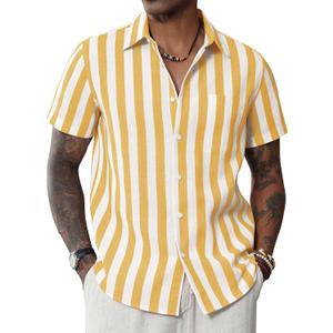 J.VER Men's Linen Shirts Short Sleeve Casual Striped Button Down Shirt for Summer Beach Yoga (White, XXXL)
