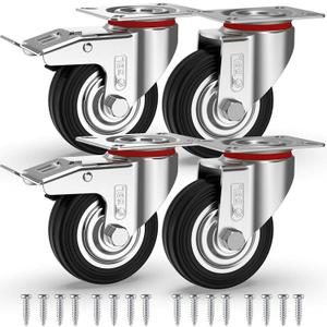 GBL Heavy Duty Castor Wheels with 2 Brakes + Screws - 75mm up to 200KG - Pack of 4 No Floor Marks Silent Caster for Furniture - Rubbered Trolley Wheels - Silver Castors