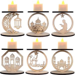 6Pack Wooden Ramadan Candle Holders  Eid Mubarak Dcor with Star, Crescent Moon, Mosque & Jesus Silhouettes  Indoor/Outdoor Muslim Islamic Party, Wedding & Anniversary Supplies
