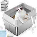 Stainless Steel Cat Litter Box with Lid, L High Sided Metal Sifting Litter Box for Pine Pellets, Enclosed Sifting Box for Small Cats, Anti-Leakage, Easy Clean, Include Scoop, Liner, Pee Pad and Hook (L:19.7"x13.8"x12")