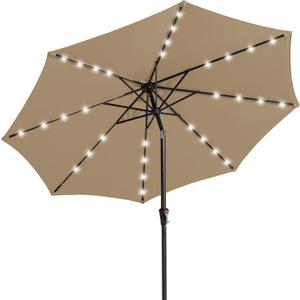 JEAREY 9FT Outdoor Patio Umbrella with Solar Lights, LED Lighted Pool Umbrella with Tilt and Crank, Outdoor Table Umbrellas for Deck, Yard & Market (Beige)