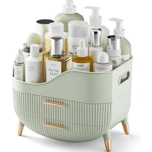 Pajiriona Makeup Organizer with Drawers, Green Skincare Organizer for Vanity, Storage Box with Handle, Large Cosmetic Display Case for Dresser, Bathroom Countertop