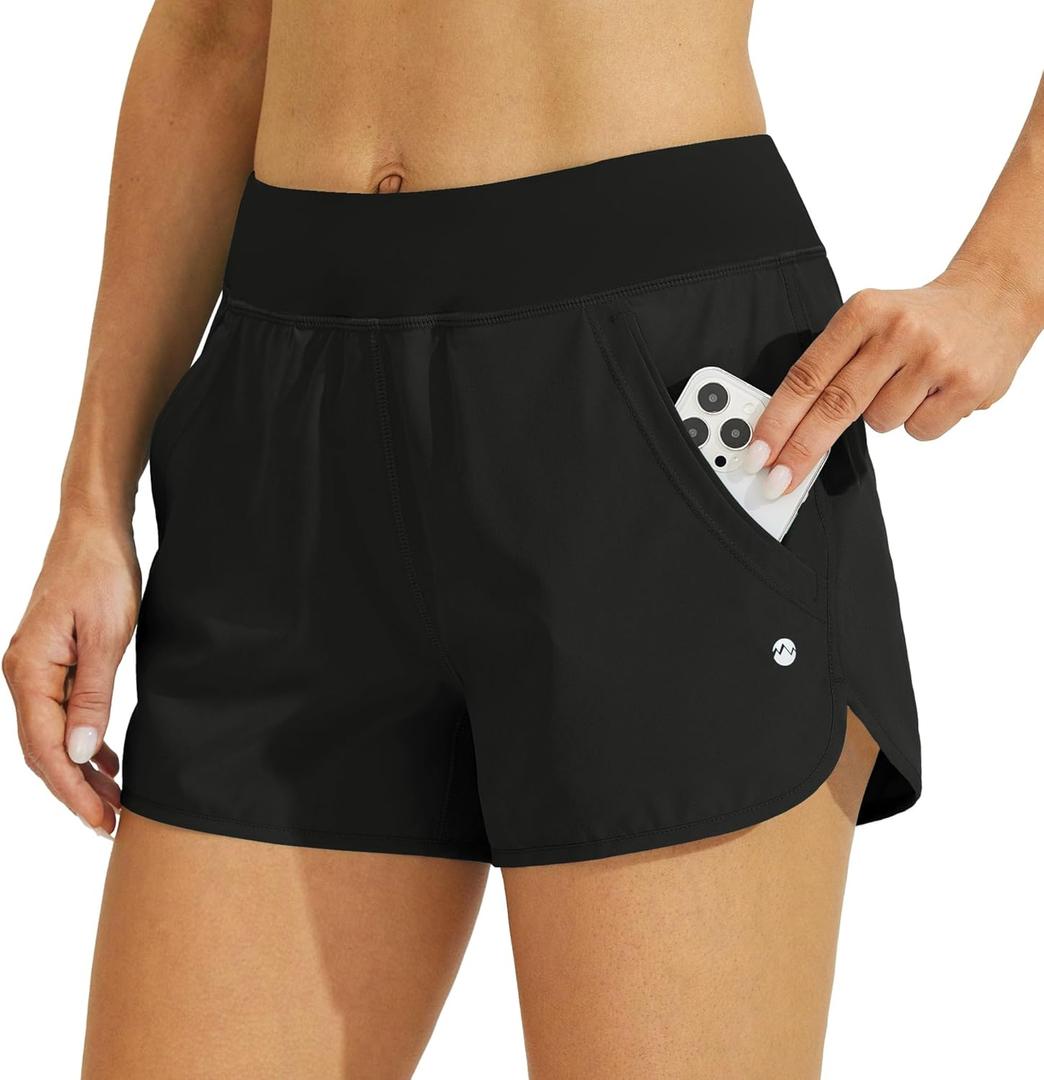 Willit Women's 3" Swim Board Shorts Swimming Bottoms with Brief Liner Quick Dry UPF 50+ (Medium, Black)