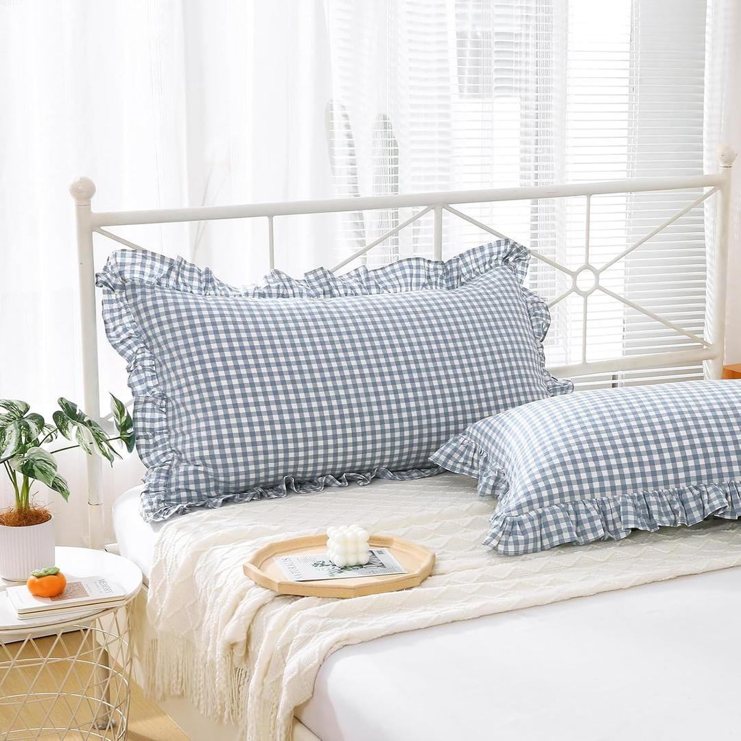 2 Pack Dusty Blue Plaid Ruffle Gingham King Size Pillow Shams, 100% Yarn-Dyed Washed Cotton Checkered Farmhouse Pillow Covers for Bed/Sofa Envelope Closure - 20''x36''