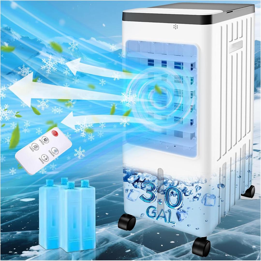 Swamp Cooler, Evaporative Air Cooler with 3 Gal Water Tank, Swamp Cooler Air Conditioner with 4 Ice Packs, 3 Speeds, 120 Oscillation, Portable Air Conditioners Alternative for Room Home Office Pets
