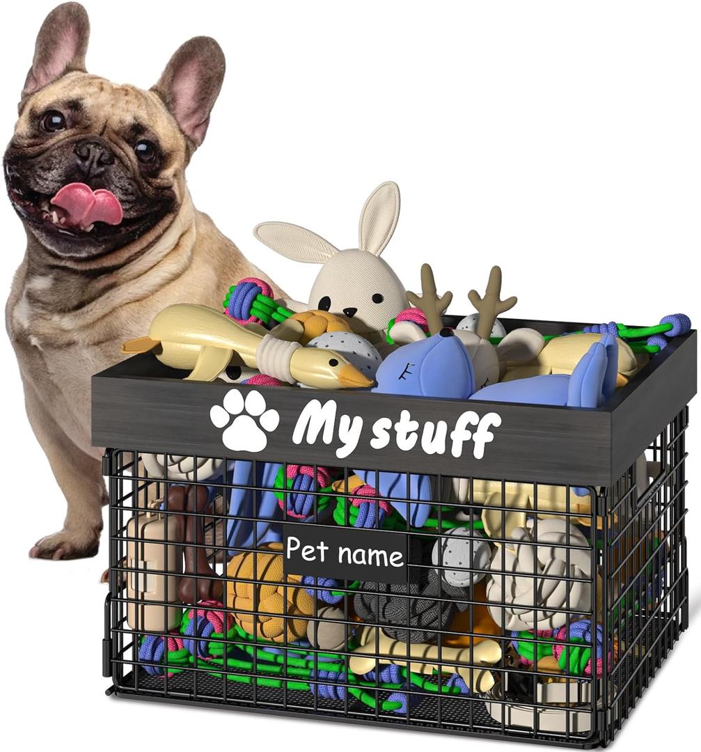 Dog Toy Bin Toy Basket Metal Storage Box with Handles Dog Organizer Chew-Proof Dog Toy Box Blankets Leashes Chest Puppy Dog Toy Storage Wood Metal Container Home Decor Pet Toys Dog Cat (Black-Grey wood)