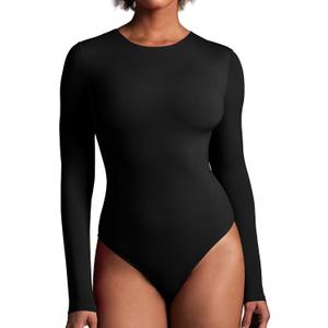 IUGA Long Sleeve Bodysuits for Women Crew Neck Body suit Women's Slimming Basic Tummy Control Bodysuit Tops (Large, Black)