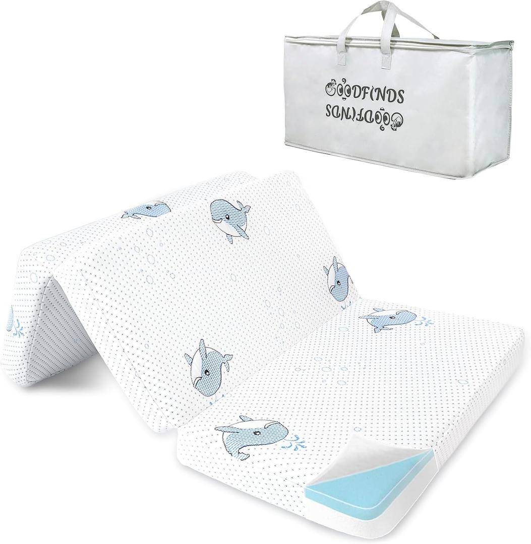 Trifold Pack and Play Mattress, 38"x26" Breathable High Density Soft & Firm Memory Foam Pack N Play Mattresses Pad, Foldable Baby Mattress for Pack N Play with Carrying Bag & Washable Cover (White-08)