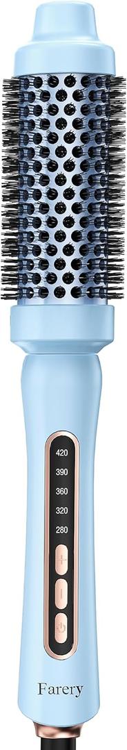 Farery Thermal Brush 1.5 Inch for Short to Medium Hair, Heated Round Curling Iron with 5 Heat Settings Up to 420F, Hot Styling Tool for Curls Bangs Volume Flips, Dual Voltage Travel (Blue)